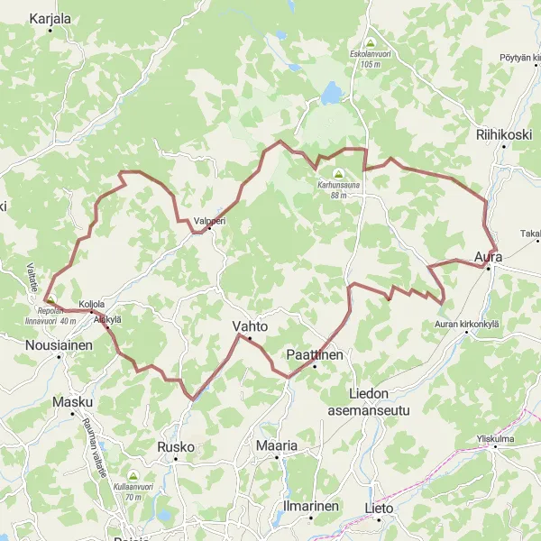 Map miniature of "Aura Epic Gravel Tour" cycling inspiration in Etelä-Suomi, Finland. Generated by Tarmacs.app cycling route planner