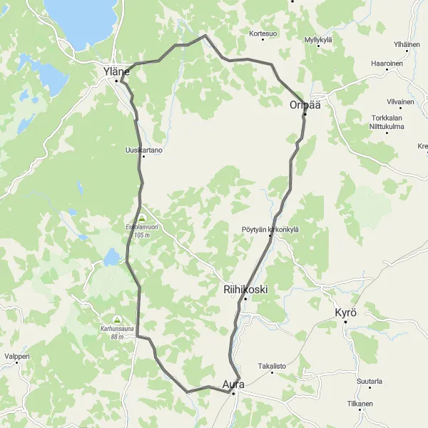 Map miniature of "Aura Countryside Ride" cycling inspiration in Etelä-Suomi, Finland. Generated by Tarmacs.app cycling route planner