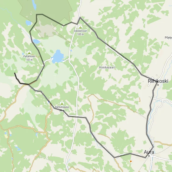 Map miniature of "Aura Countryside Route" cycling inspiration in Etelä-Suomi, Finland. Generated by Tarmacs.app cycling route planner