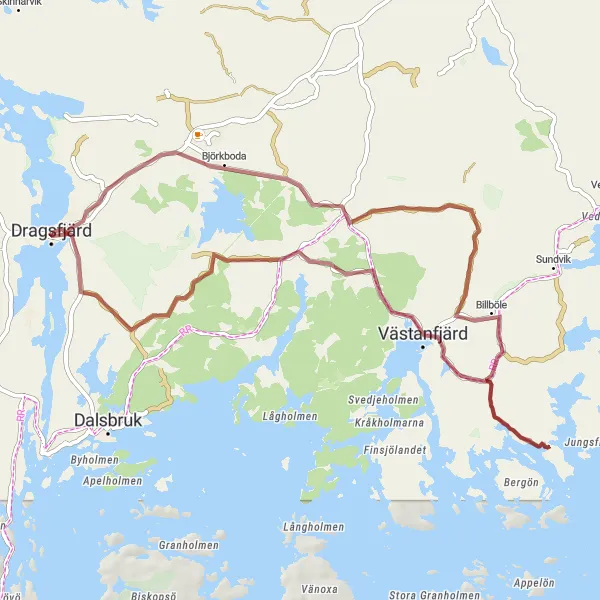 Map miniature of "Västanfjärd to Björkboda Gravel Loop" cycling inspiration in Etelä-Suomi, Finland. Generated by Tarmacs.app cycling route planner