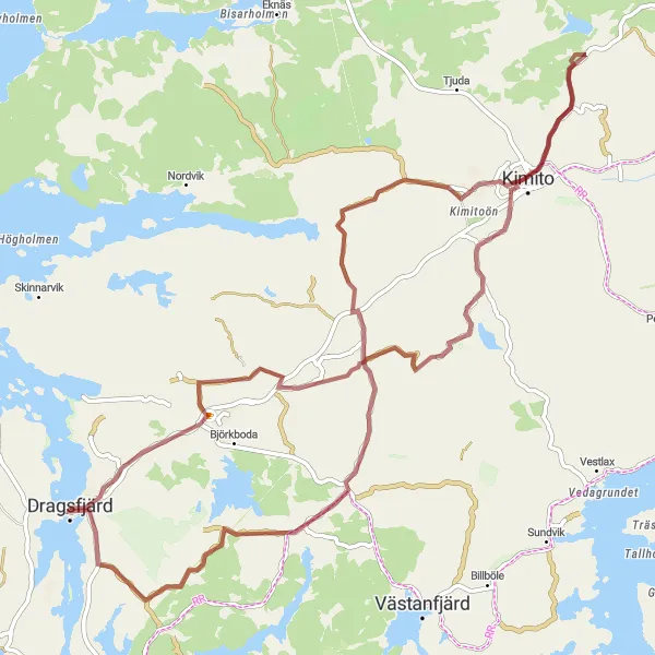 Map miniature of "Bjensböle to Nivelax Gravel Loop" cycling inspiration in Etelä-Suomi, Finland. Generated by Tarmacs.app cycling route planner