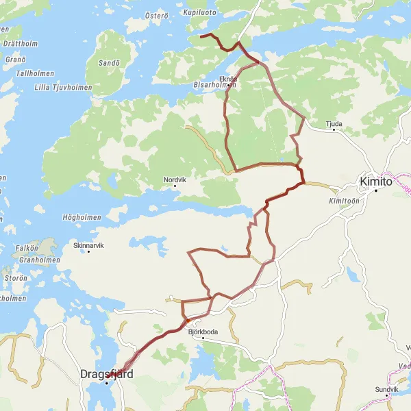 Map miniature of "Dragsfjärd Gravel Loop" cycling inspiration in Etelä-Suomi, Finland. Generated by Tarmacs.app cycling route planner