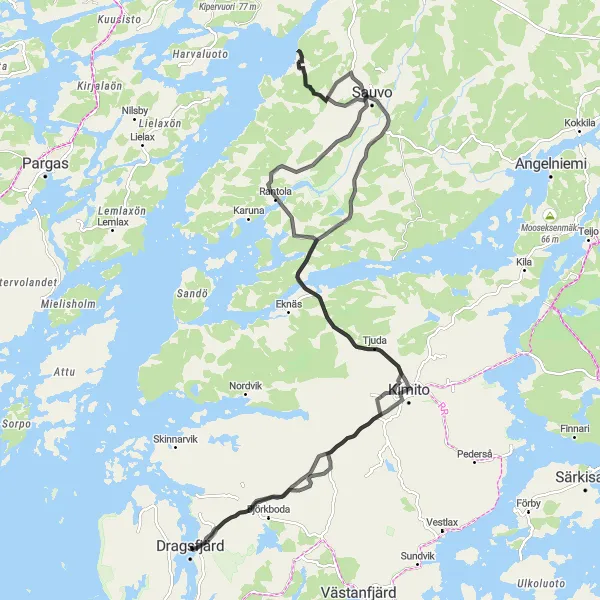 Map miniature of "Kimitoön to Björkboda Road Loop" cycling inspiration in Etelä-Suomi, Finland. Generated by Tarmacs.app cycling route planner