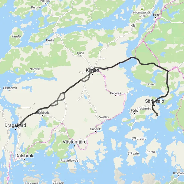 Map miniature of "Dragsfjärd Coastal Loop" cycling inspiration in Etelä-Suomi, Finland. Generated by Tarmacs.app cycling route planner