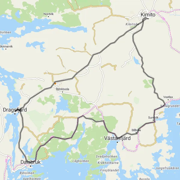 Map miniature of "Dragsfjärd Countryside Tour" cycling inspiration in Etelä-Suomi, Finland. Generated by Tarmacs.app cycling route planner