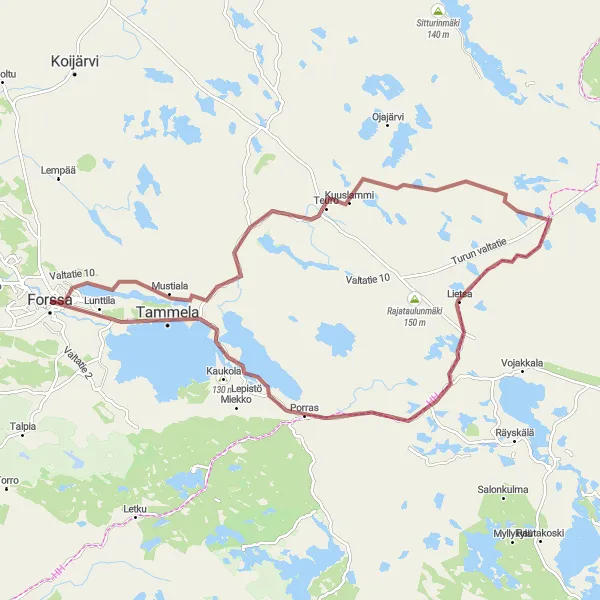 Map miniature of "Discover Tammela by Gravel" cycling inspiration in Etelä-Suomi, Finland. Generated by Tarmacs.app cycling route planner