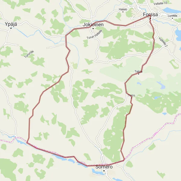 Map miniature of "Gravel Adventure in Forssa Countryside" cycling inspiration in Etelä-Suomi, Finland. Generated by Tarmacs.app cycling route planner