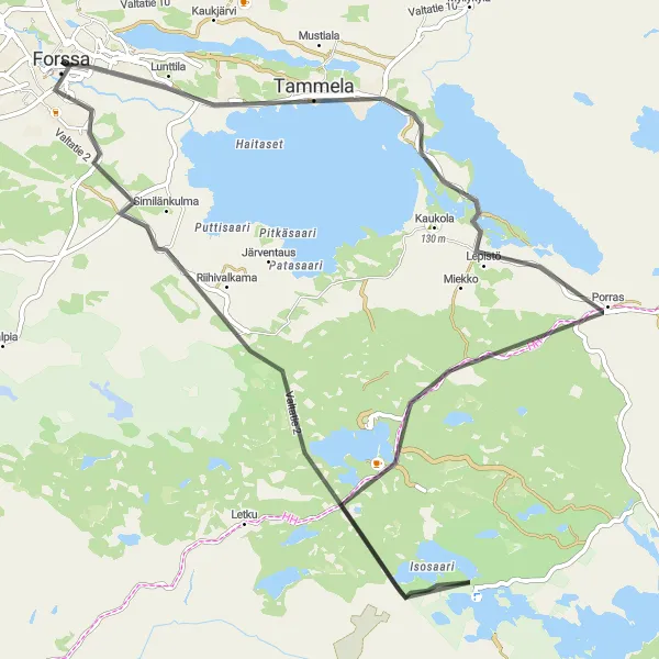 Map miniature of "Tammela Gravel Adventure" cycling inspiration in Etelä-Suomi, Finland. Generated by Tarmacs.app cycling route planner