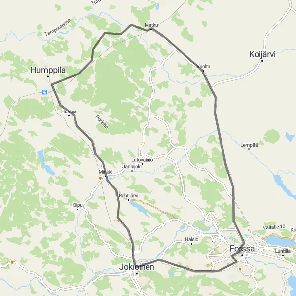 Map miniature of "Forssa Road Loop" cycling inspiration in Etelä-Suomi, Finland. Generated by Tarmacs.app cycling route planner