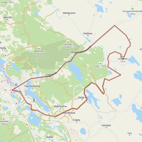 Map miniature of "Hämeenlinna-Kantola gravel cycling route" cycling inspiration in Etelä-Suomi, Finland. Generated by Tarmacs.app cycling route planner