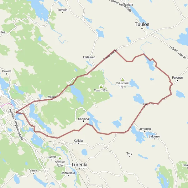 Map miniature of "Hämeenlinna-Kiri gravel cycling route" cycling inspiration in Etelä-Suomi, Finland. Generated by Tarmacs.app cycling route planner