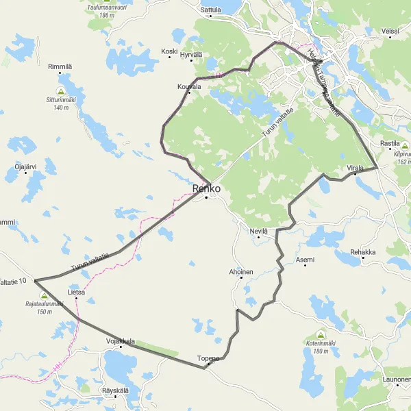 Karttaminiaatyyri "Hämeenlinna - Pukkisaari - Renko - Rinkelinmäki" pyöräilyinspiraatiosta alueella Etelä-Suomi, Finland. Luotu Tarmacs.app pyöräilyreittisuunnittelijalla