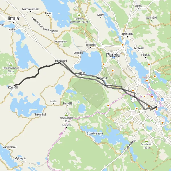 Map miniature of "Hämeenlinna Countryside Ride" cycling inspiration in Etelä-Suomi, Finland. Generated by Tarmacs.app cycling route planner
