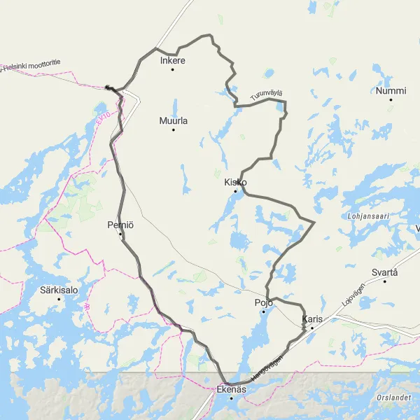 Map miniature of "Halikko to Salo Loop" cycling inspiration in Etelä-Suomi, Finland. Generated by Tarmacs.app cycling route planner