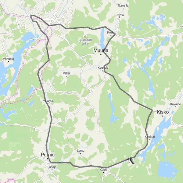 Map miniature of "Halikko to Perniö Loop" cycling inspiration in Etelä-Suomi, Finland. Generated by Tarmacs.app cycling route planner