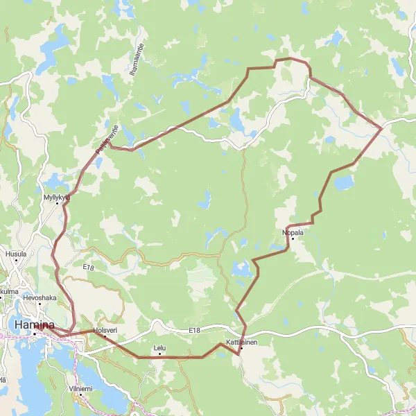 Karttaminiaatyyri "Metsäreitti Hamina-Sivatti" pyöräilyinspiraatiosta alueella Etelä-Suomi, Finland. Luotu Tarmacs.app pyöräilyreittisuunnittelijalla