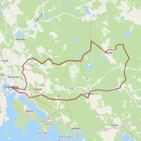 Map miniature of "Gravel Exploration: Hamina - Tallinmäki" cycling inspiration in Etelä-Suomi, Finland. Generated by Tarmacs.app cycling route planner
