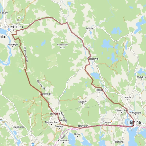 Map miniature of "Gravel Excursion: Hamina - Konkkerinmäki" cycling inspiration in Etelä-Suomi, Finland. Generated by Tarmacs.app cycling route planner