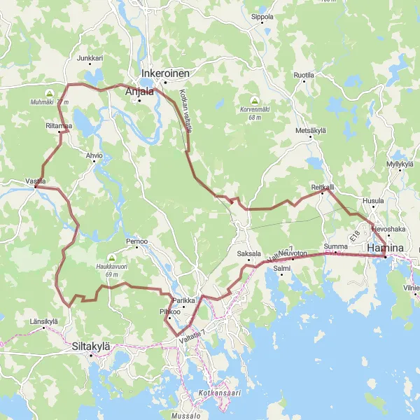 Map miniature of "Hamina Gravel Expedition" cycling inspiration in Etelä-Suomi, Finland. Generated by Tarmacs.app cycling route planner