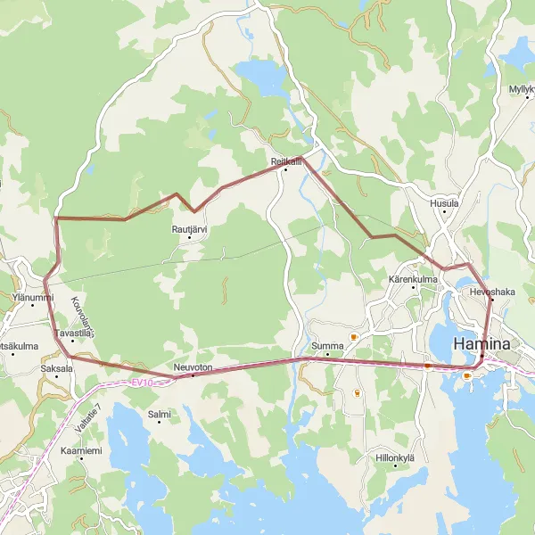 Karttaminiaatyyri "Hamina-Neuvoton-Laavu-Hevoshaka-Hamina" pyöräilyinspiraatiosta alueella Etelä-Suomi, Finland. Luotu Tarmacs.app pyöräilyreittisuunnittelijalla