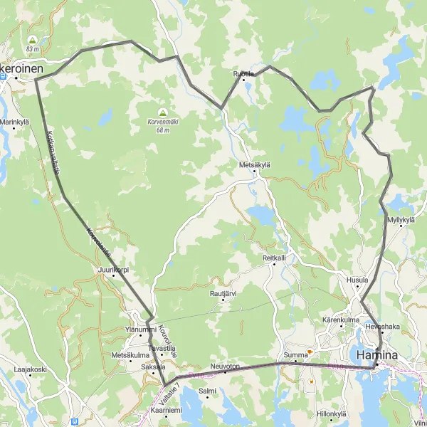 Map miniature of "Road Adventure: Hamina - Kannusjärvi" cycling inspiration in Etelä-Suomi, Finland. Generated by Tarmacs.app cycling route planner