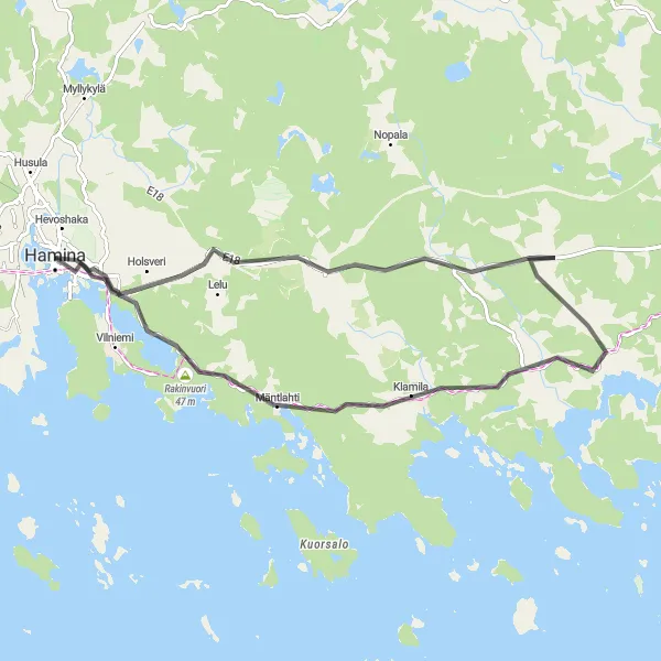 Map miniature of "Hamina Road Adventure" cycling inspiration in Etelä-Suomi, Finland. Generated by Tarmacs.app cycling route planner