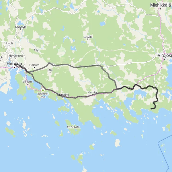 Map miniature of "Scenic Road Journey: Hamina - Rakinvuori" cycling inspiration in Etelä-Suomi, Finland. Generated by Tarmacs.app cycling route planner