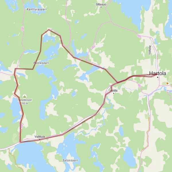 Map miniature of "The Hartola - Petäisvuori Gravel Loop" cycling inspiration in Etelä-Suomi, Finland. Generated by Tarmacs.app cycling route planner