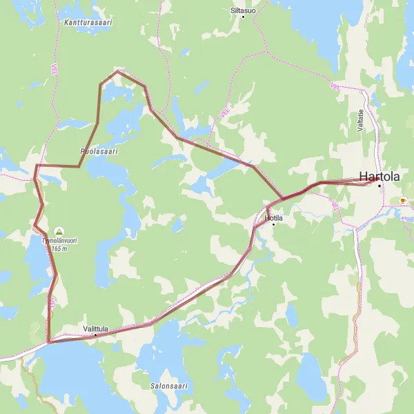 Karttaminiaatyyri "Metsäpolkuja Tyynelänvuorella" pyöräilyinspiraatiosta alueella Etelä-Suomi, Finland. Luotu Tarmacs.app pyöräilyreittisuunnittelijalla