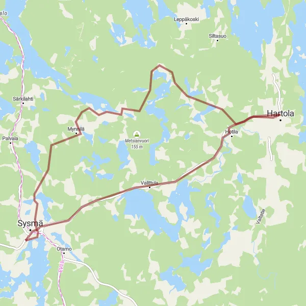 Map miniature of "The Hartola - Sysmä Gravel Adventure" cycling inspiration in Etelä-Suomi, Finland. Generated by Tarmacs.app cycling route planner