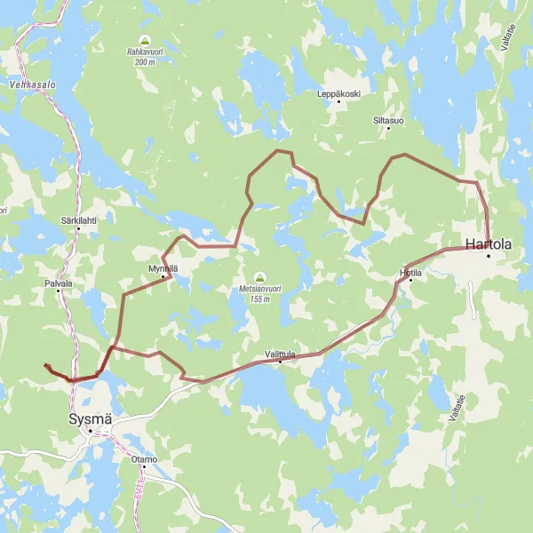 Map miniature of "Scenic Gravel Route around Hartola and Valkeavuori" cycling inspiration in Etelä-Suomi, Finland. Generated by Tarmacs.app cycling route planner