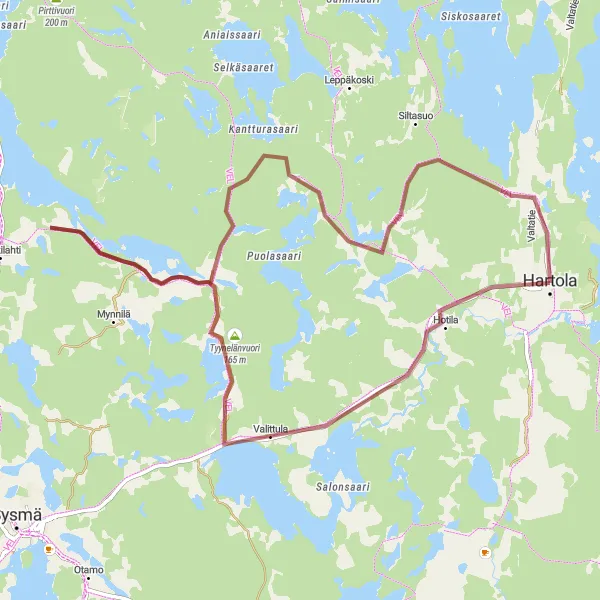 Map miniature of "Scenic Gravel Route to Petäisvuori Hill" cycling inspiration in Etelä-Suomi, Finland. Generated by Tarmacs.app cycling route planner