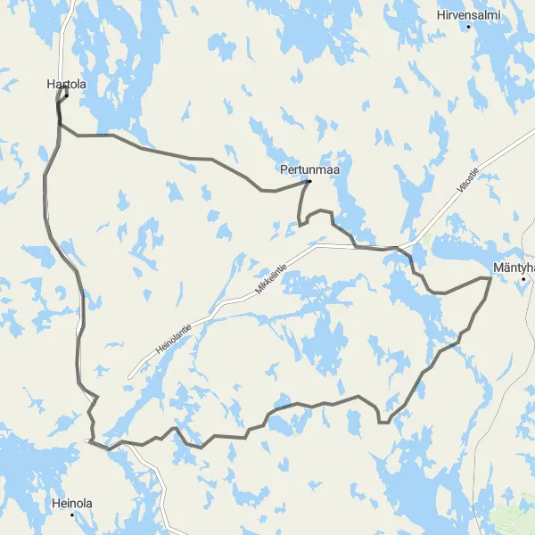 Map miniature of "The Hartola - Heinolan kirkonkylä Circuit" cycling inspiration in Etelä-Suomi, Finland. Generated by Tarmacs.app cycling route planner