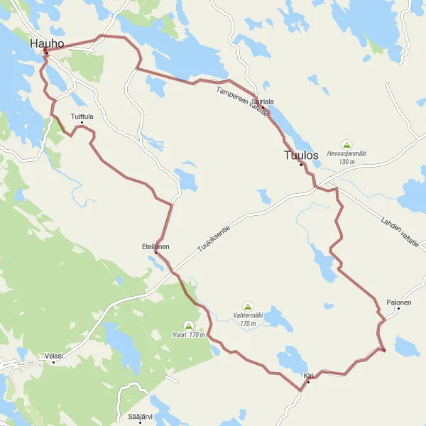 Karttaminiaatyyri "Hauho - Sulastenkulma - Laurinkallio - Hanssin-Jukka - Tuittula - Vuorenharjun Näköalatorni" pyöräilyinspiraatiosta alueella Etelä-Suomi, Finland. Luotu Tarmacs.app pyöräilyreittisuunnittelijalla