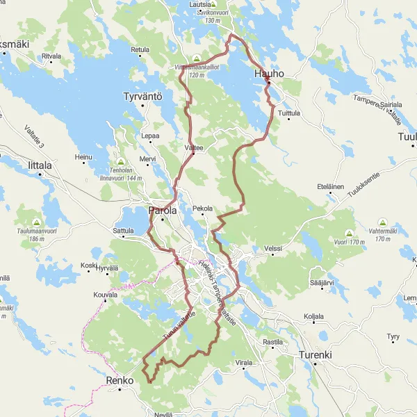 Karttaminiaatyyri "Hauho - Vuorenharjun Näköalatorni - Vanaja - Hakovuori - Voutila - Parola - Viittasmaankalliot - Alvettula" pyöräilyinspiraatiosta alueella Etelä-Suomi, Finland. Luotu Tarmacs.app pyöräilyreittisuunnittelijalla