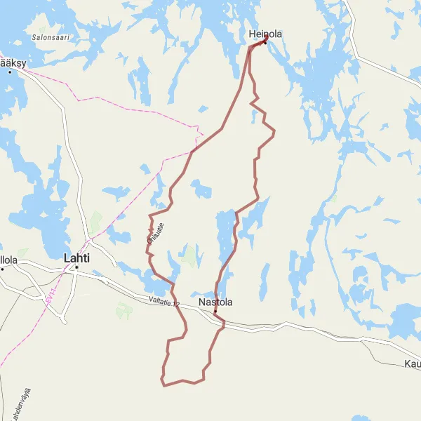Map miniature of "Heinola - Iso-Kukkanen - Nastola - Heinämaa - Vierumäki - Heinola Loop" cycling inspiration in Etelä-Suomi, Finland. Generated by Tarmacs.app cycling route planner