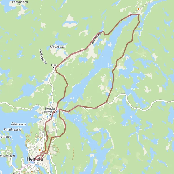 Map miniature of "Heinola - Rainio - Heinolan kirkonkylä - Heinola Loop" cycling inspiration in Etelä-Suomi, Finland. Generated by Tarmacs.app cycling route planner