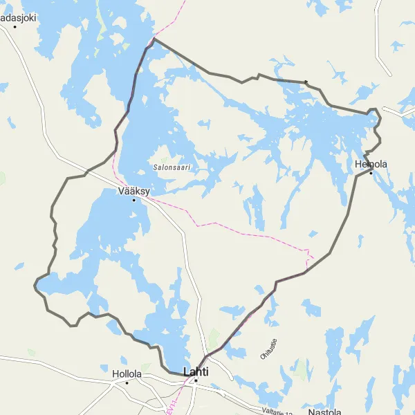 Map miniature of "Heinola - Vierumäki - Lahti - Hollolan kirkonkylä - Kurhila - Kalkkinen - Heinola Loop" cycling inspiration in Etelä-Suomi, Finland. Generated by Tarmacs.app cycling route planner