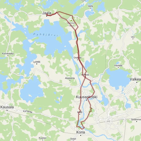 Karttaminiaatyyri "Jaala - Koria - Voikkaa - Ilvesvuori - Jaala" pyöräilyinspiraatiosta alueella Etelä-Suomi, Finland. Luotu Tarmacs.app pyöräilyreittisuunnittelijalla