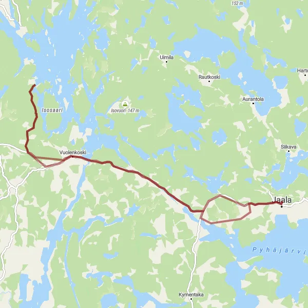 Karttaminiaatyyri "Jaala - Vuolenkoski - Levijärvi - Kimolan kanavan venesulku - Suurmäki - Pyhäjärvi" pyöräilyinspiraatiosta alueella Etelä-Suomi, Finland. Luotu Tarmacs.app pyöräilyreittisuunnittelijalla