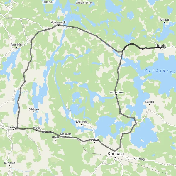 Karttaminiaatyyri "Jaala - Karjettamäki - Kausala - Kuninkaanharjun näkötorni - Uusikylä - Vuolenkoski - Suurmäki - Pyhäjärvi" pyöräilyinspiraatiosta alueella Etelä-Suomi, Finland. Luotu Tarmacs.app pyöräilyreittisuunnittelijalla