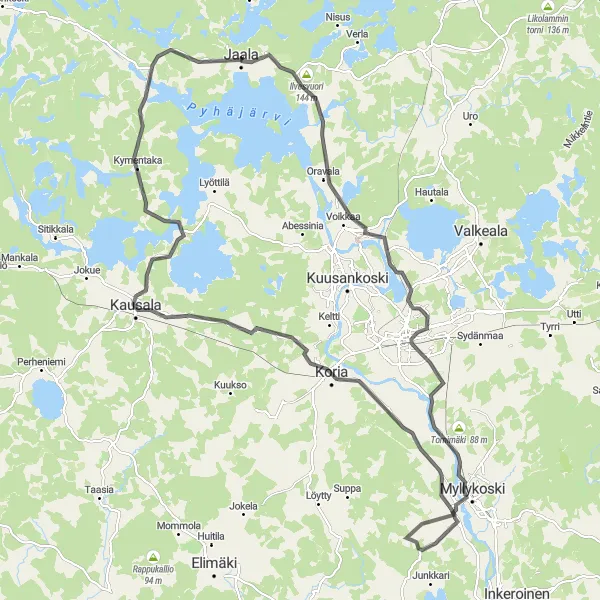 Karttaminiaatyyri "Jaala - Ilvesvuori - Kouvola - Myllykoski - Ummeljoki - Koria - Kausala - Iitin kirkonkylä - Pyhäjärvi - Jaala" pyöräilyinspiraatiosta alueella Etelä-Suomi, Finland. Luotu Tarmacs.app pyöräilyreittisuunnittelijalla