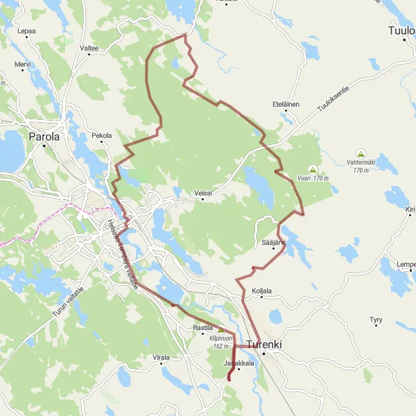 Map miniature of "Hakovuori Gravel Challenge" cycling inspiration in Etelä-Suomi, Finland. Generated by Tarmacs.app cycling route planner