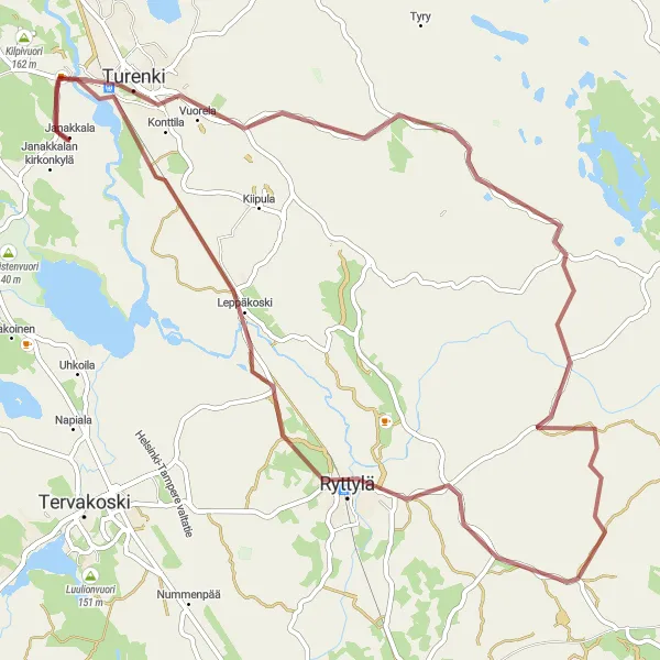 Map miniature of "Janakkala to Turkhauta Gravel Loop" cycling inspiration in Etelä-Suomi, Finland. Generated by Tarmacs.app cycling route planner