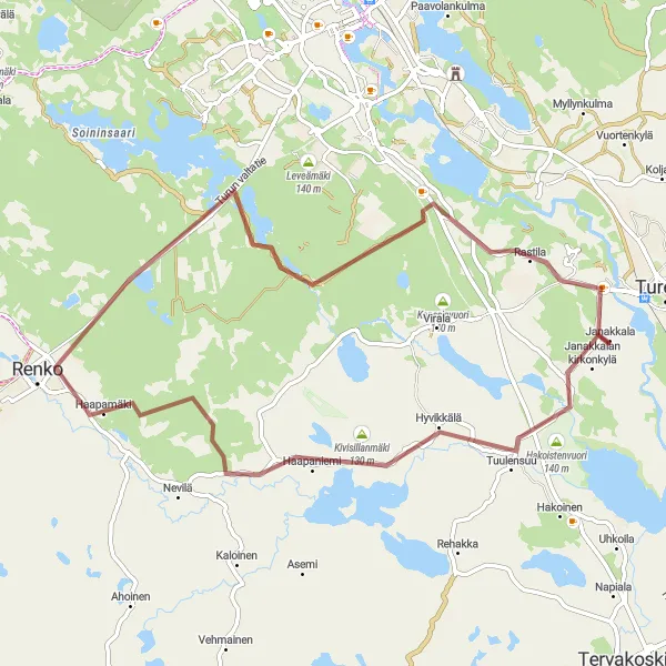 Map miniature of "Janakkala Gravel Loop" cycling inspiration in Etelä-Suomi, Finland. Generated by Tarmacs.app cycling route planner