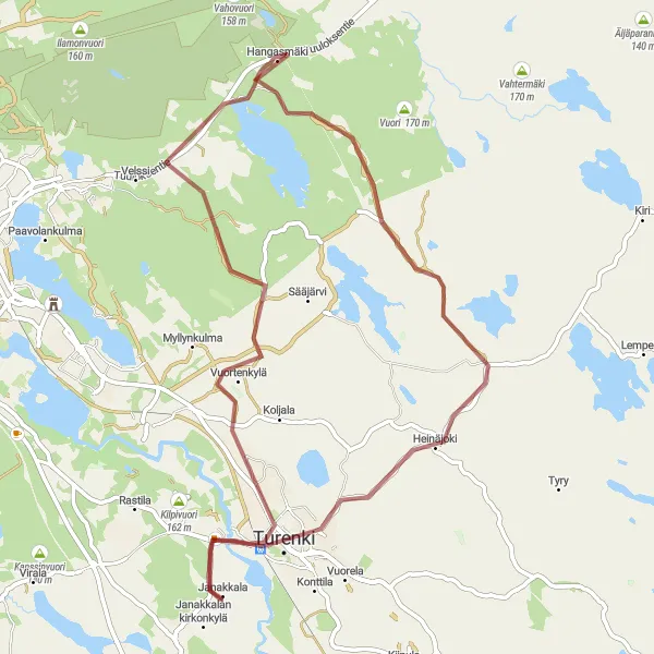 Map miniature of "Turenki Gravel Loop" cycling inspiration in Etelä-Suomi, Finland. Generated by Tarmacs.app cycling route planner