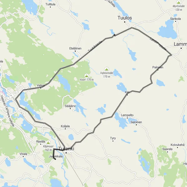 Map miniature of "Janakkala to Kiripuro Road Circuit" cycling inspiration in Etelä-Suomi, Finland. Generated by Tarmacs.app cycling route planner