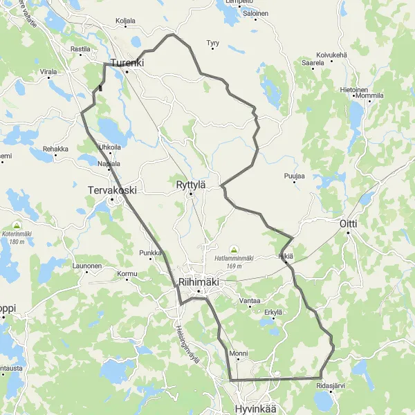 Map miniature of "Hikiä Road Challenge" cycling inspiration in Etelä-Suomi, Finland. Generated by Tarmacs.app cycling route planner