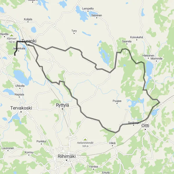 Map miniature of "Turenki Road Adventure" cycling inspiration in Etelä-Suomi, Finland. Generated by Tarmacs.app cycling route planner