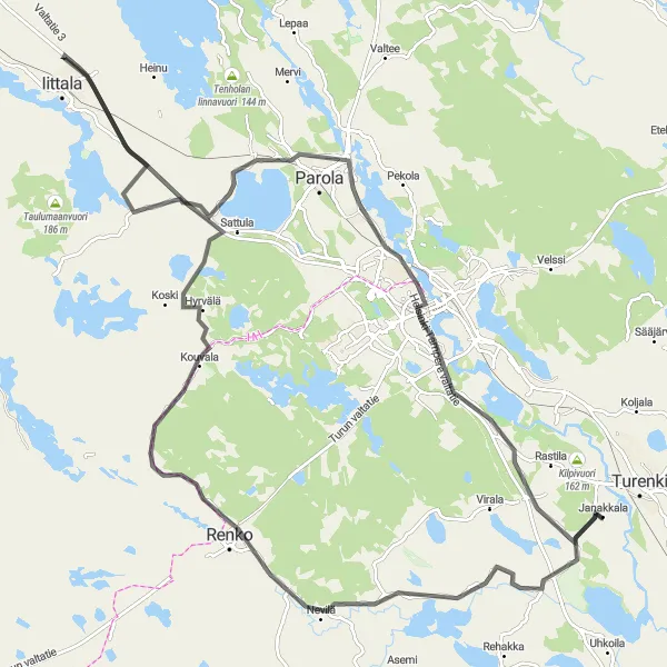 Map miniature of "Hämeenlinna Road Tour" cycling inspiration in Etelä-Suomi, Finland. Generated by Tarmacs.app cycling route planner